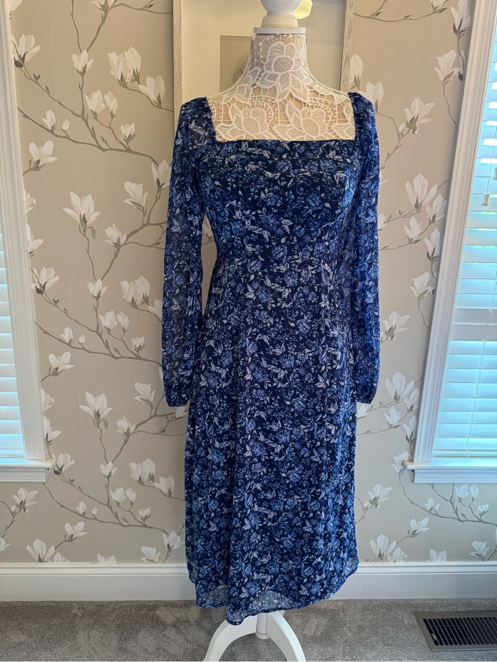 miami Blue Floral Square-Neck Long Sleeve Midi Dress